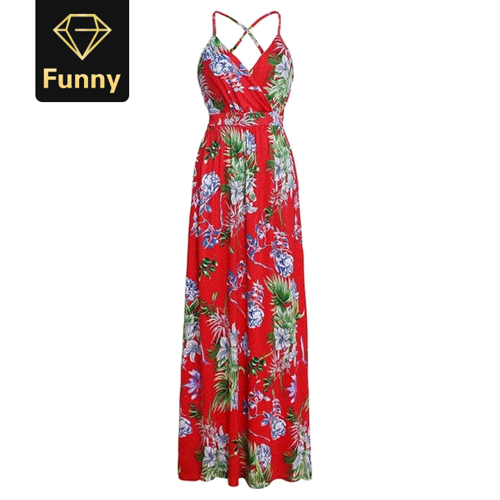 Multicolor Boho Long Dress Sling Cross Back Women V neck Party Night Elegant Sexy Maxi Summer Dress