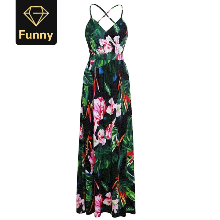 Multicolor Boho Long Dress Sling Cross Back Women V neck Party Night Elegant Sexy Maxi Summer Dress