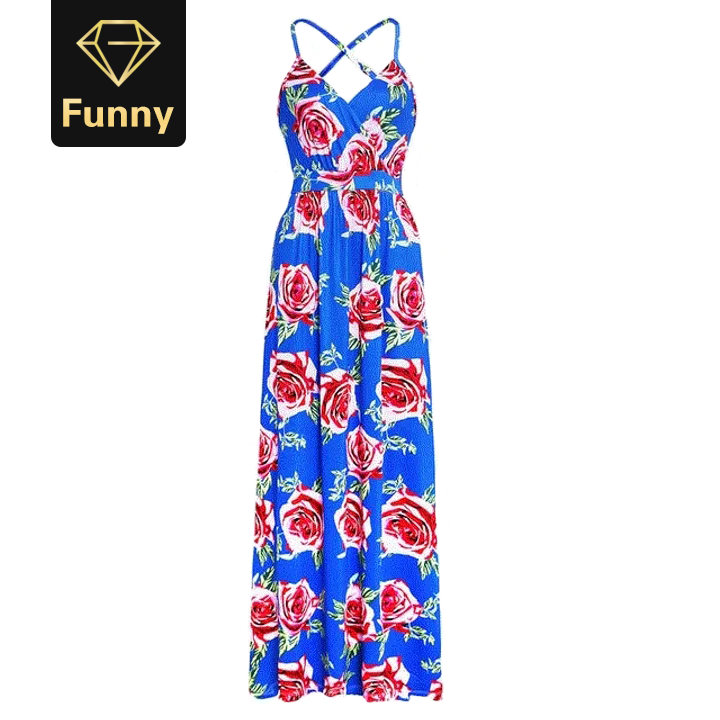 Multicolor Boho Long Dress Sling Cross Back Women V neck Party Night Elegant Sexy Maxi Summer Dress