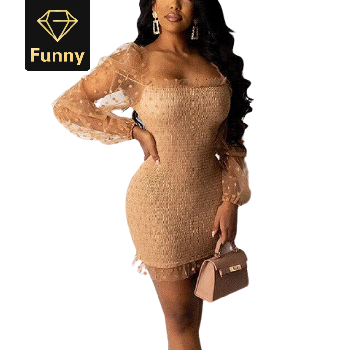 2021 High quality Women Polka Mesh Square Neck Mini Dress Sexy Bodycon Pleated Short Dress Sweet Party Club Dress