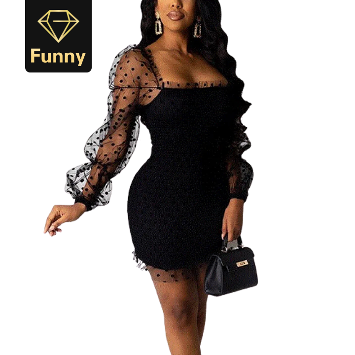 2021 High quality Women Polka Mesh Square Neck Mini Dress Sexy Bodycon Pleated Short Dress Sweet Party Club Dress