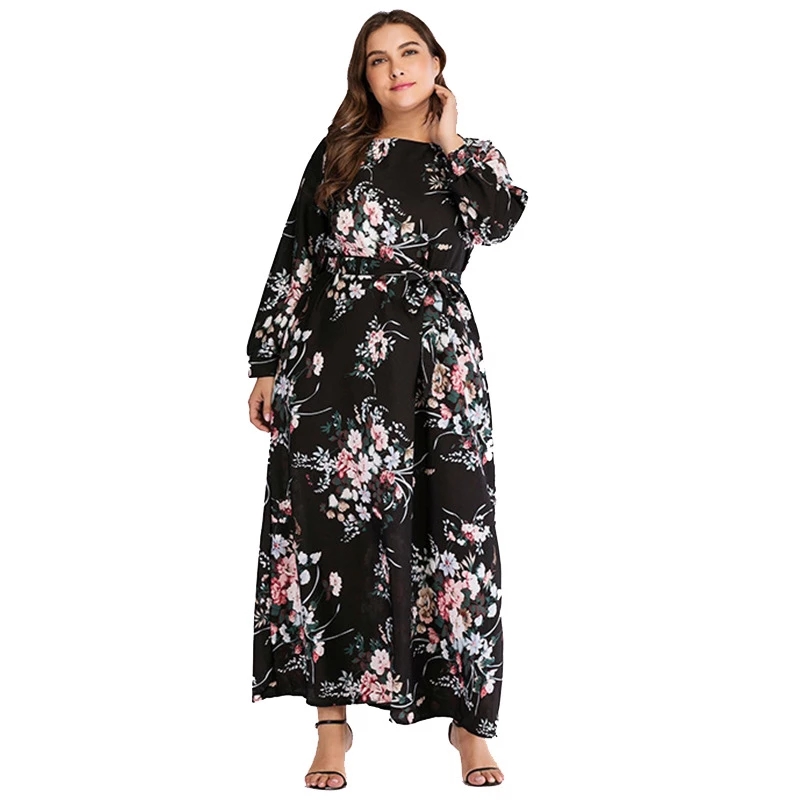 2021 High quality Plus Size Embroidered Dress New Arrivals Plus Size Maxi Black Dress Women Long Sleeve Large Dress