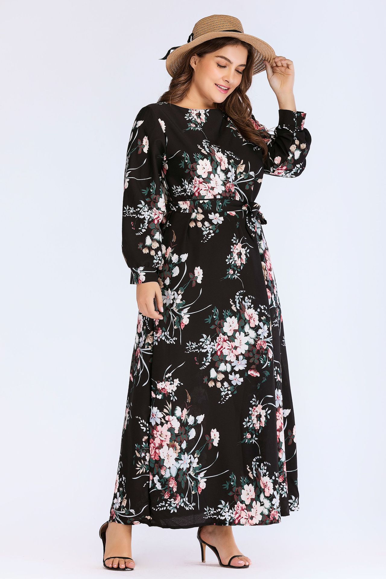 2021 High quality Plus Size Embroidered Dress New Arrivals Plus Size Maxi Black Dress Women Long Sleeve Large Dress