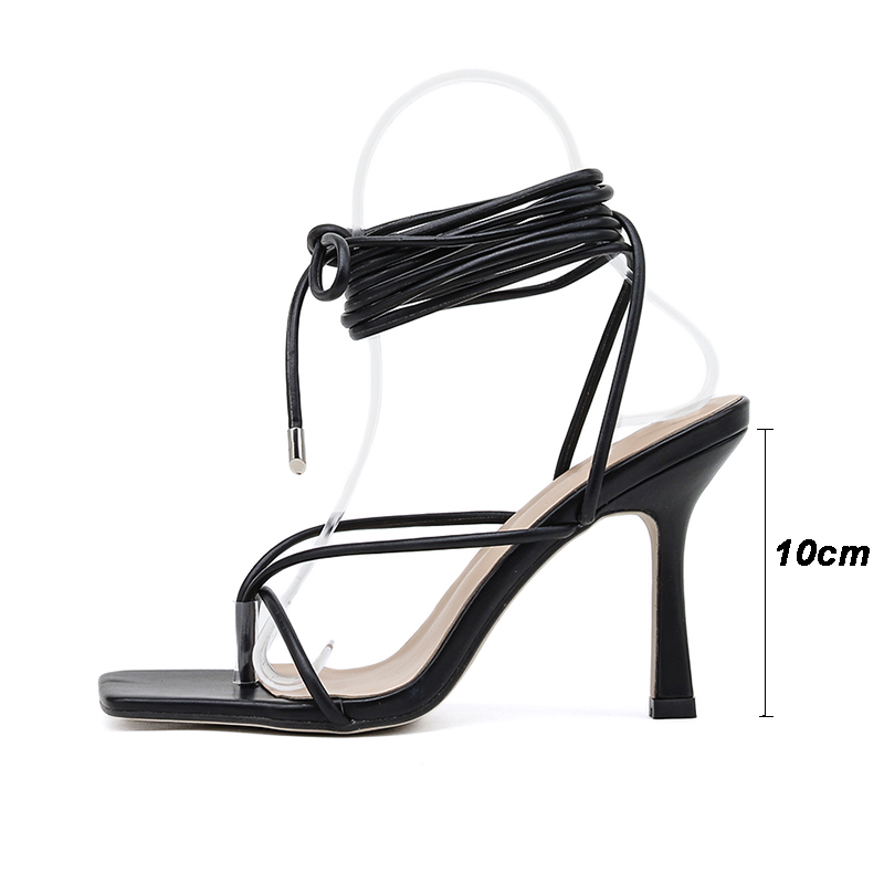 2021 High quality Summer women narrow band vintage square toe high heels cross strap thong sandals women V shape shoes
