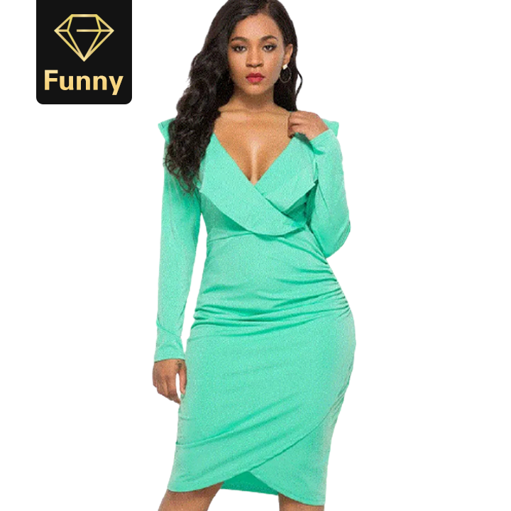 2021 High quality Sexy Ruffles Long Sleeve Summer Dress Women Plus Size Slim Bodycon Party Dress