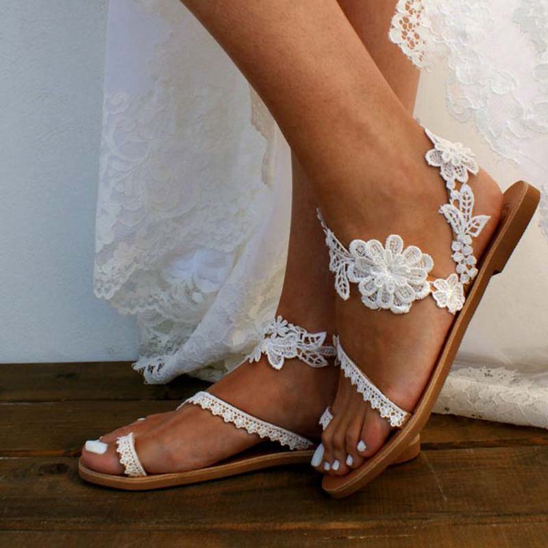 2021 High quality White Lace Sandals Women Flip Flops Flat Sandals Women Beach Shoes Plus Size Summer Fashion Woman