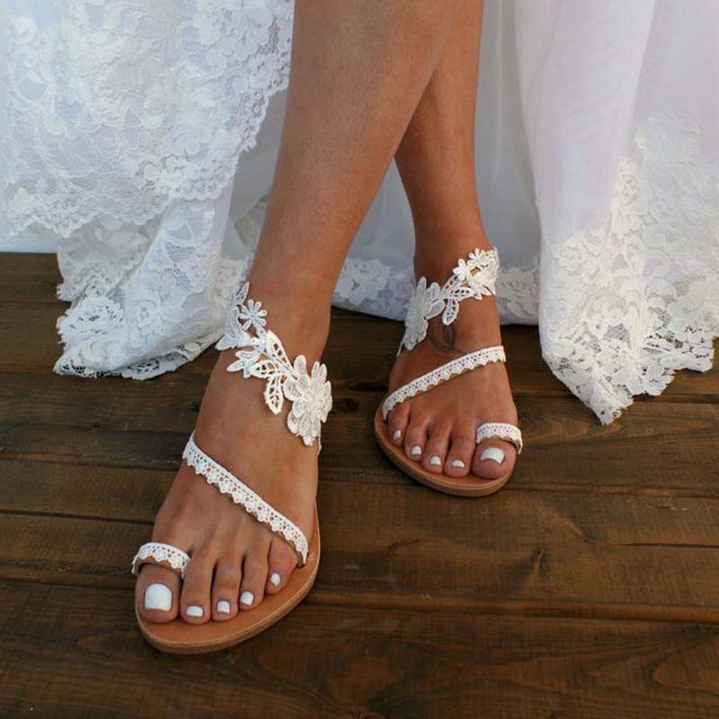 2021 High quality White Lace Sandals Women Flip Flops Flat Sandals Women Beach Shoes Plus Size Summer Fashion Woman
