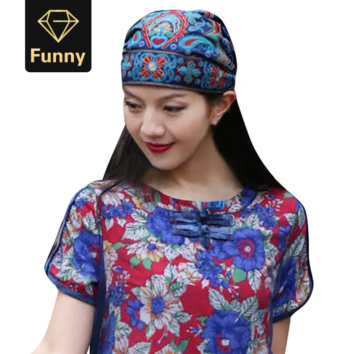 2021 High quality Women Mexican Style Ethnic Vintage Embroidery Flowers Bandanas Red Print Hat