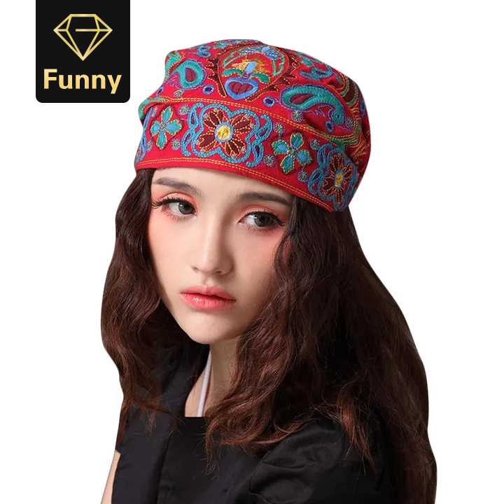 2021 High quality Women Mexican Style Ethnic Vintage Embroidery Flowers Bandanas Red Print Hat
