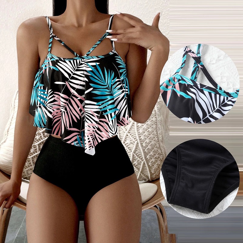 2021 High quality New Sexy Solid Swimwear Women's Leaf Print High Waisted Swimsuit Female Bathing Suit Ruffle SwimWear