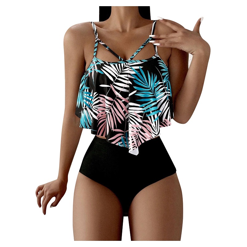 2021 High quality New Sexy Solid Swimwear Women's Leaf Print High Waisted Swimsuit Female Bathing Suit Ruffle SwimWear