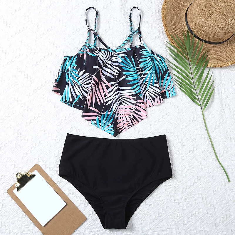 2021 High quality New Sexy Solid Swimwear Women's Leaf Print High Waisted Swimsuit Female Bathing Suit Ruffle SwimWear