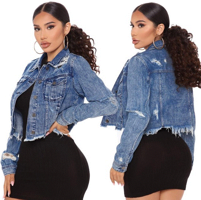 2021 High quality Ripped Jeans Outerwear Sexy Women Elegant Casual Tassel Denim Coat High Street Short Jacket