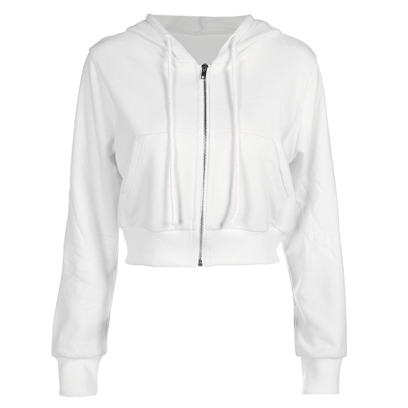2021 High quality Zip-up autumn women hoodies slim crop jacket female clothes drawstring white sexy hoody cotton coats