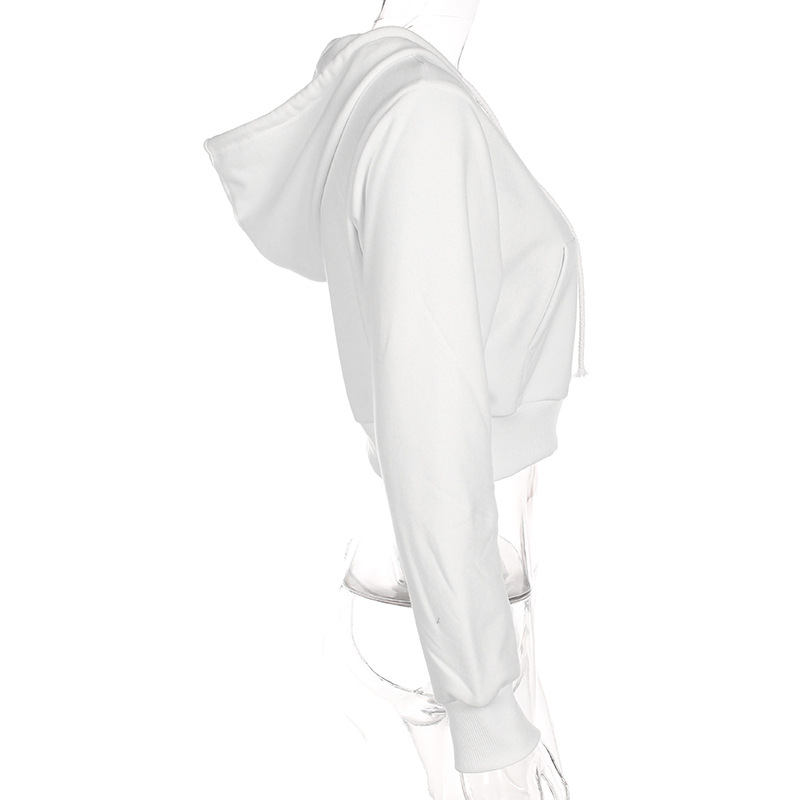 2021 High quality Zip-up autumn women hoodies slim crop jacket female clothes drawstring white sexy hoody cotton coats