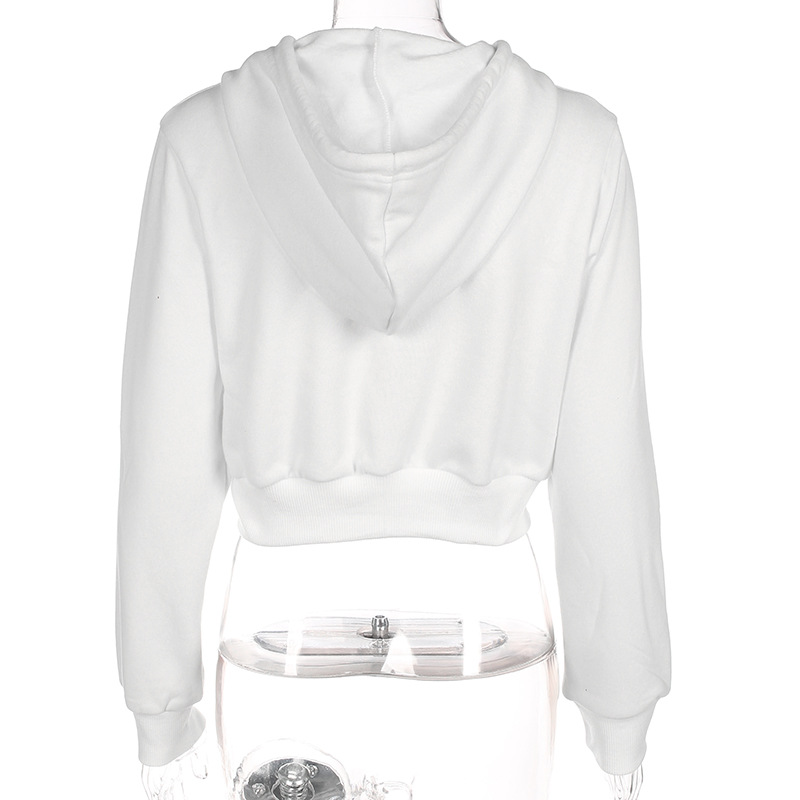 2021 High quality Zip-up autumn women hoodies slim crop jacket female clothes drawstring white sexy hoody cotton coats