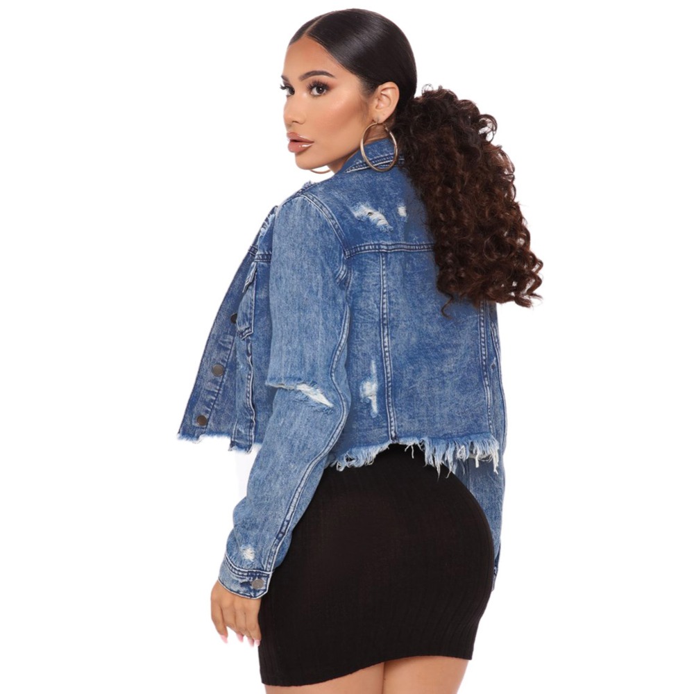 2021 High quality Ripped Jeans Outerwear Sexy Women Elegant Casual Tassel Denim Coat High Street Short Jacket