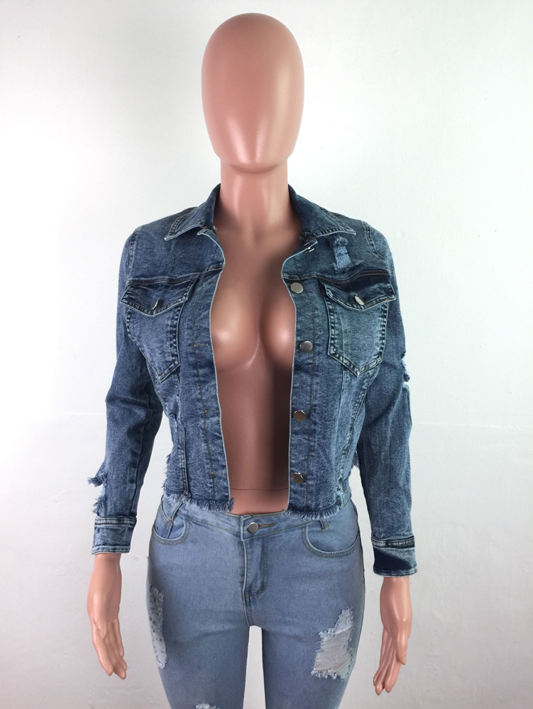 2021 High quality Ripped Jeans Outerwear Sexy Women Elegant Casual Tassel Denim Coat High Street Short Jacket