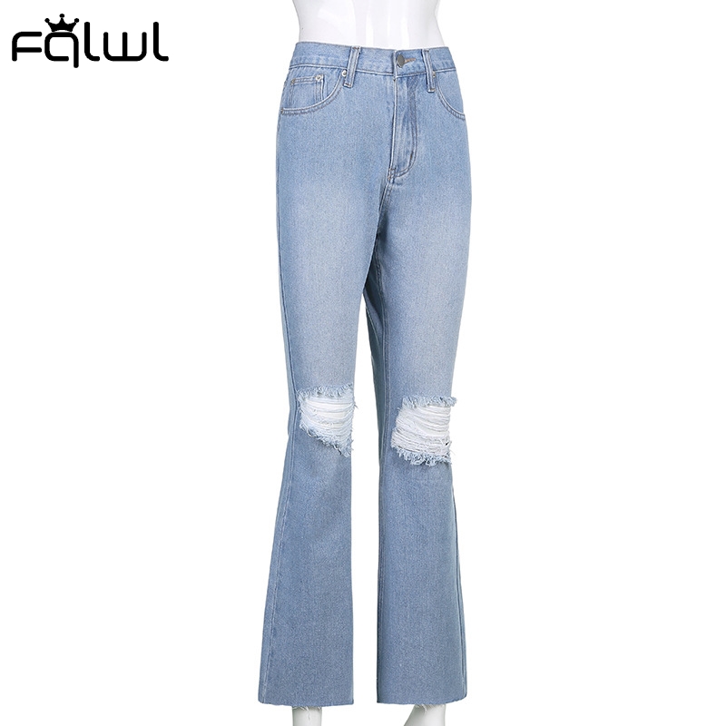 2021 High quality Ripped Flare Jeans Pants High Waist Women Trousers Skinny Wide Leg Denim Jeans Female Streetwear