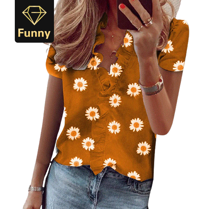 2021 High quality New Summer Short Sleeve Office Blouse Printed Short Sleeve V Neck Shirt Women Blouse Tops Big size