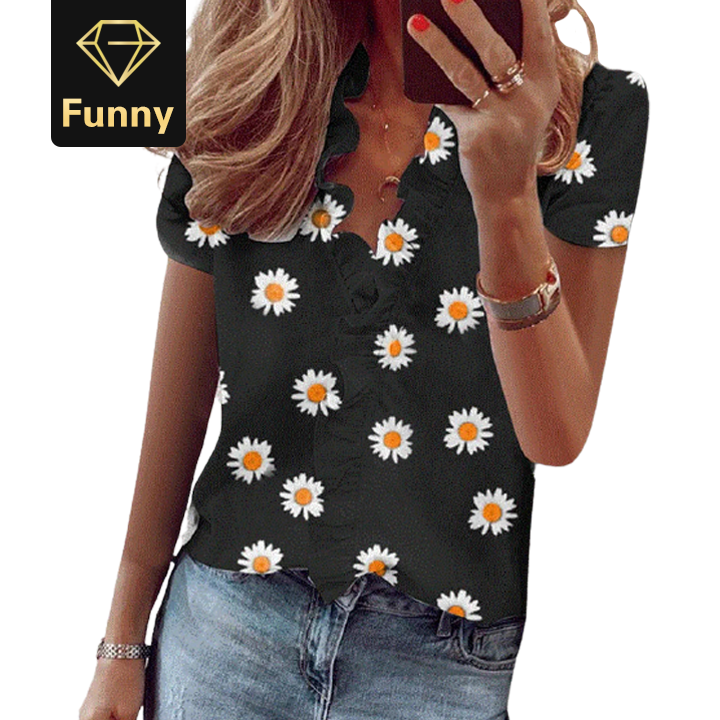 2021 High quality New Summer Short Sleeve Office Blouse Printed Short Sleeve V Neck Shirt Women Blouse Tops Big size