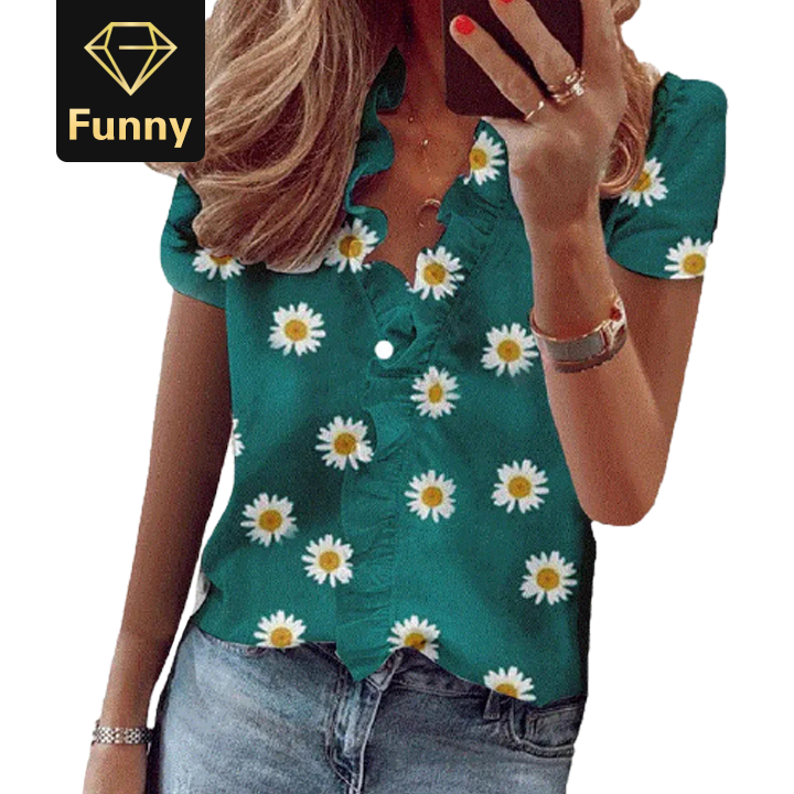 2021 High quality New Summer Short Sleeve Office Blouse Printed Short Sleeve V Neck Shirt Women Blouse Tops Big size