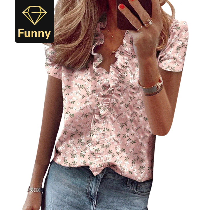 2021 High quality New Summer Short Sleeve Office Blouse Printed Short Sleeve V Neck Shirt Women Blouse Tops Big size