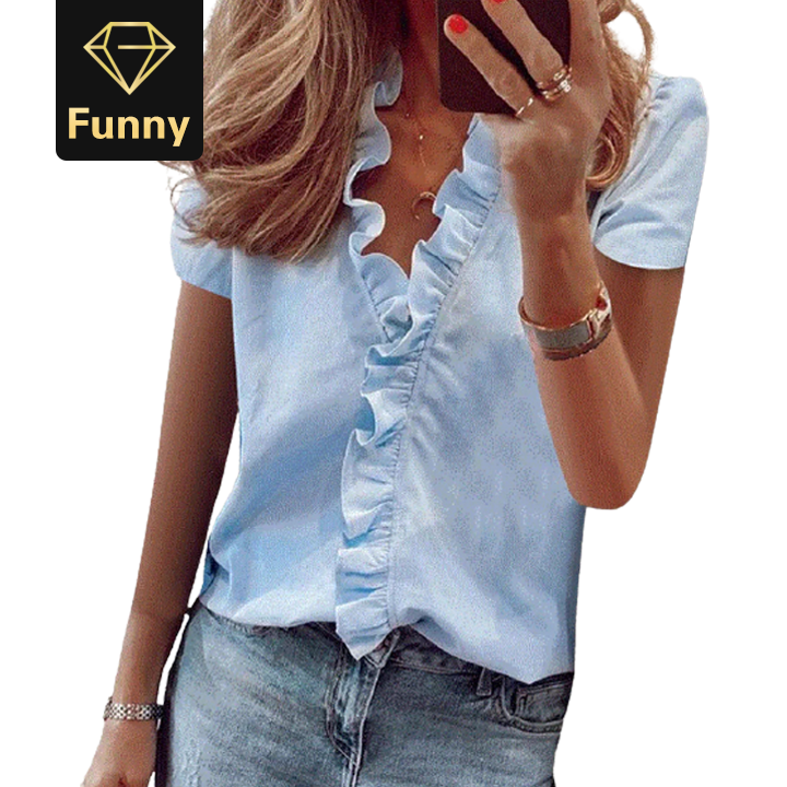 2021 High quality New Summer Short Sleeve Office Blouse Printed Short Sleeve V Neck Shirt Women Blouse Tops Big size
