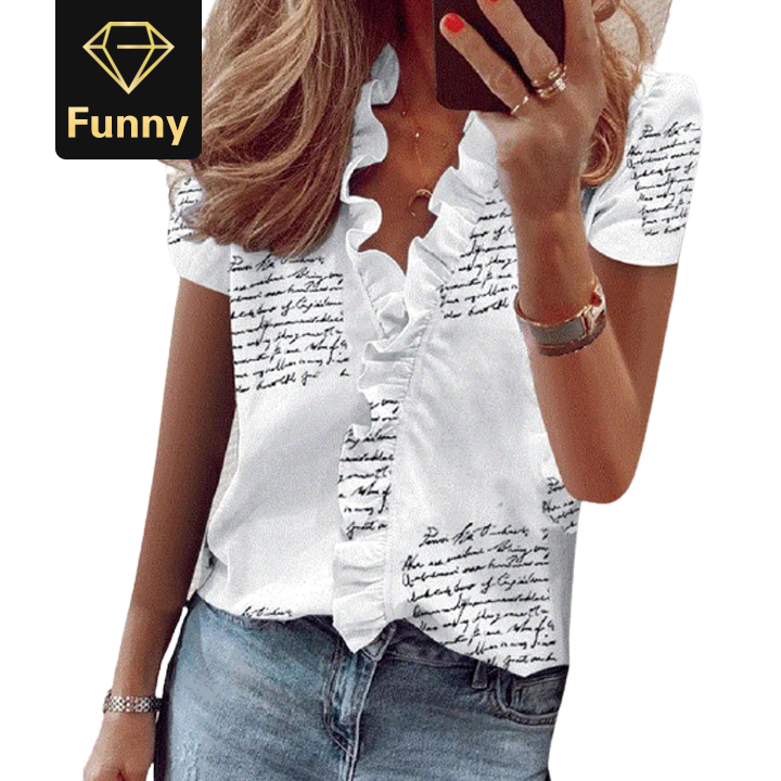 2021 High quality New Summer Short Sleeve Office Blouse Printed Short Sleeve V Neck Shirt Women Blouse Tops Big size