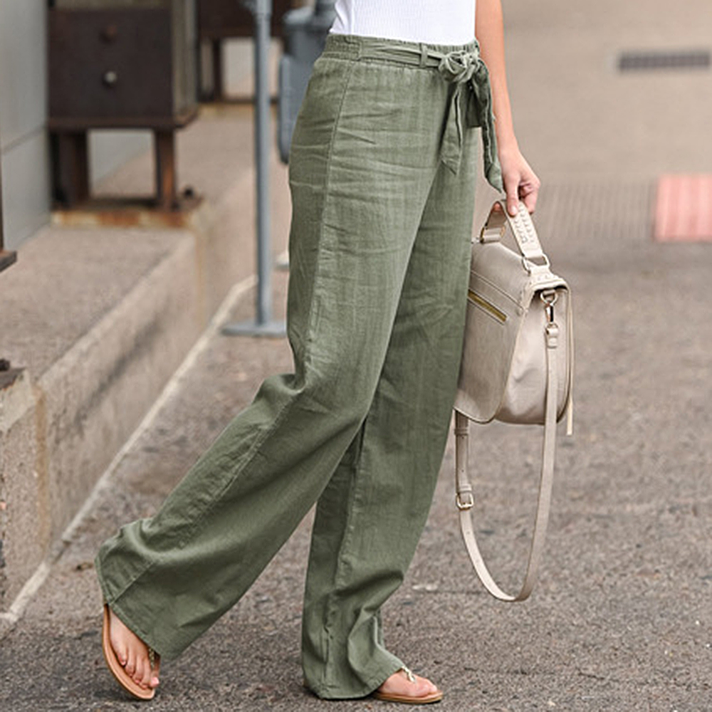 2021 High quality Pants Women Wide Leg Pants Solid Color Bow Sash High Waist Wide Leg Pants Women Long Trousers