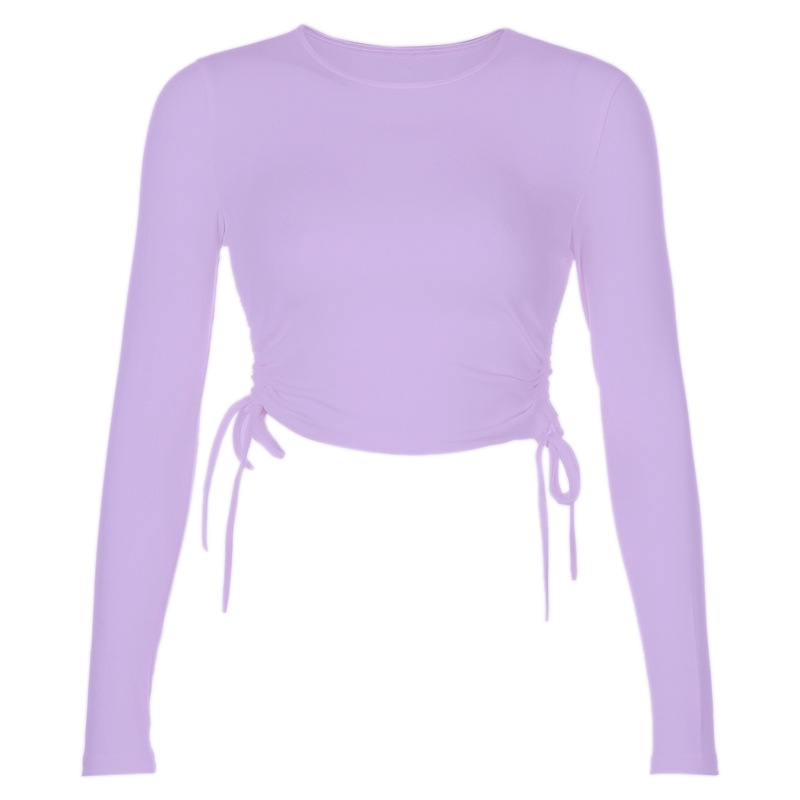 2021 High quality Women's Slim Casual Base T-Shirt Solid Color Long Sleeve O-Neck Side Drawstring Knitted Rib Crop Top
