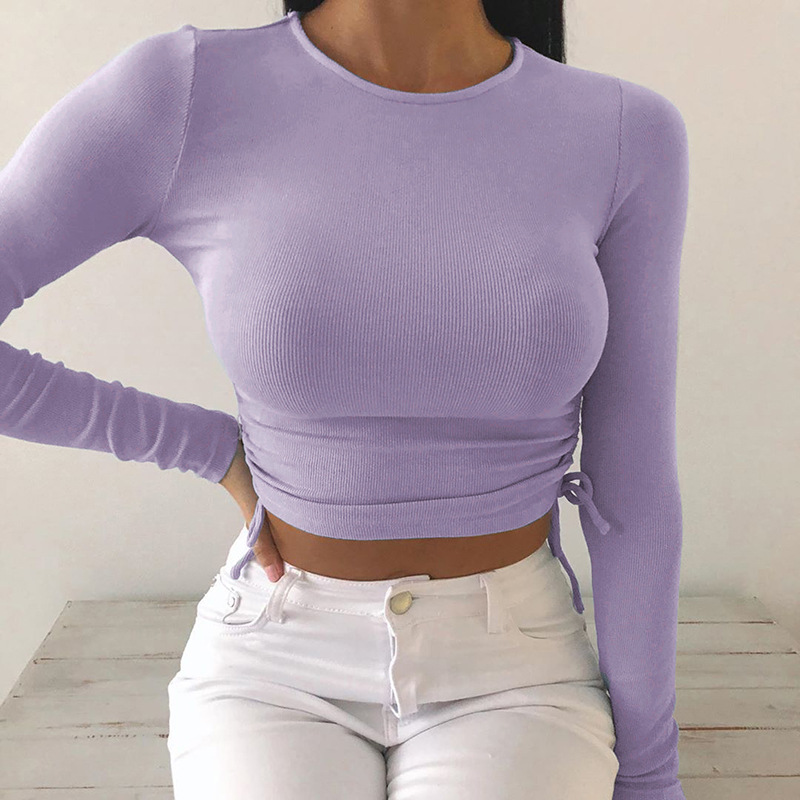 2021 High quality Women's Slim Casual Base T-Shirt Solid Color Long Sleeve O-Neck Side Drawstring Knitted Rib Crop Top