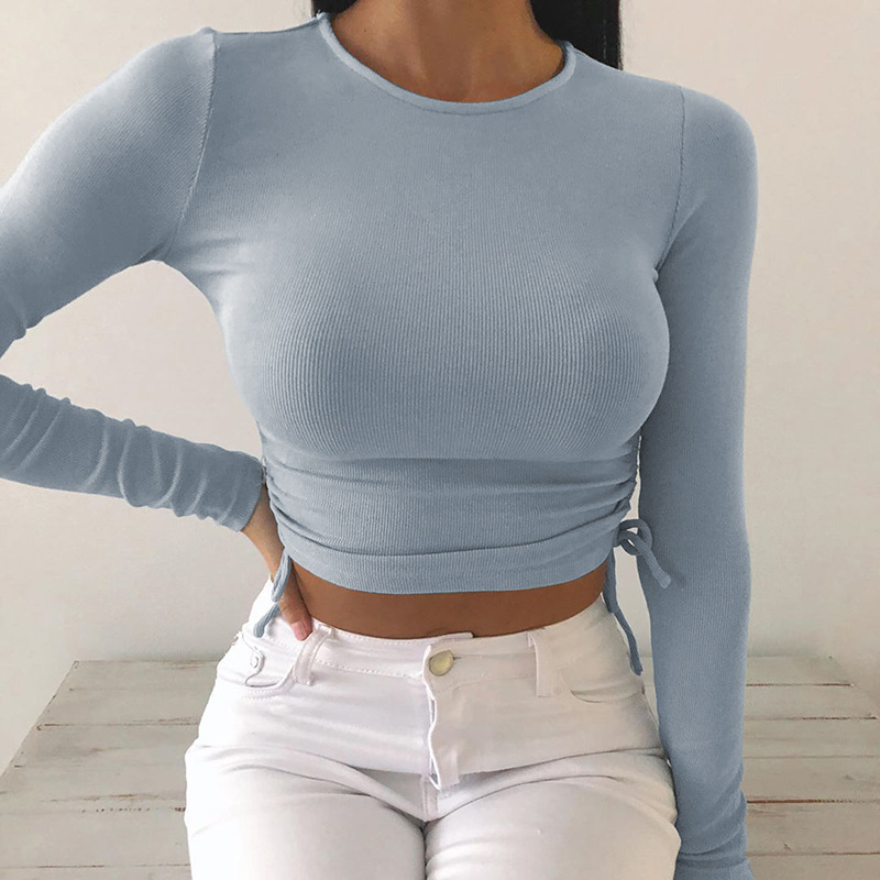 2021 High quality Women's Slim Casual Base T-Shirt Solid Color Long Sleeve O-Neck Side Drawstring Knitted Rib Crop Top