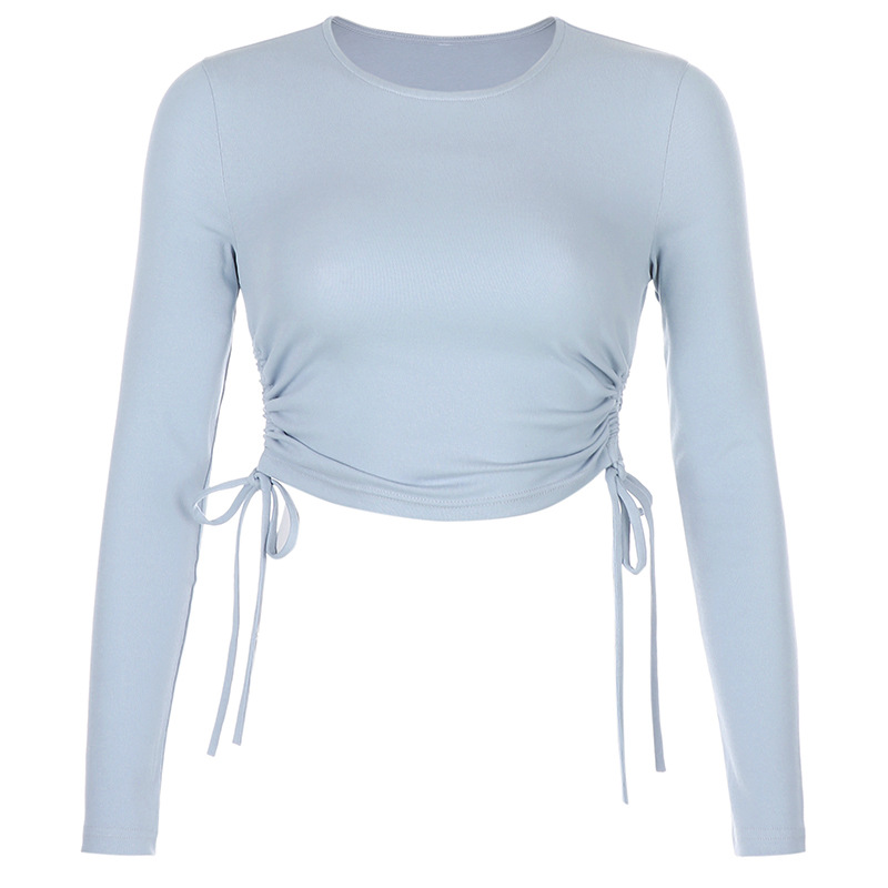 2021 High quality Women's Slim Casual Base T-Shirt Solid Color Long Sleeve O-Neck Side Drawstring Knitted Rib Crop Top