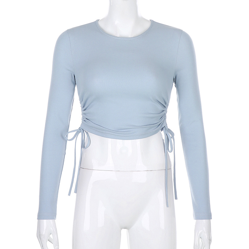 2021 High quality Women's Slim Casual Base T-Shirt Solid Color Long Sleeve O-Neck Side Drawstring Knitted Rib Crop Top
