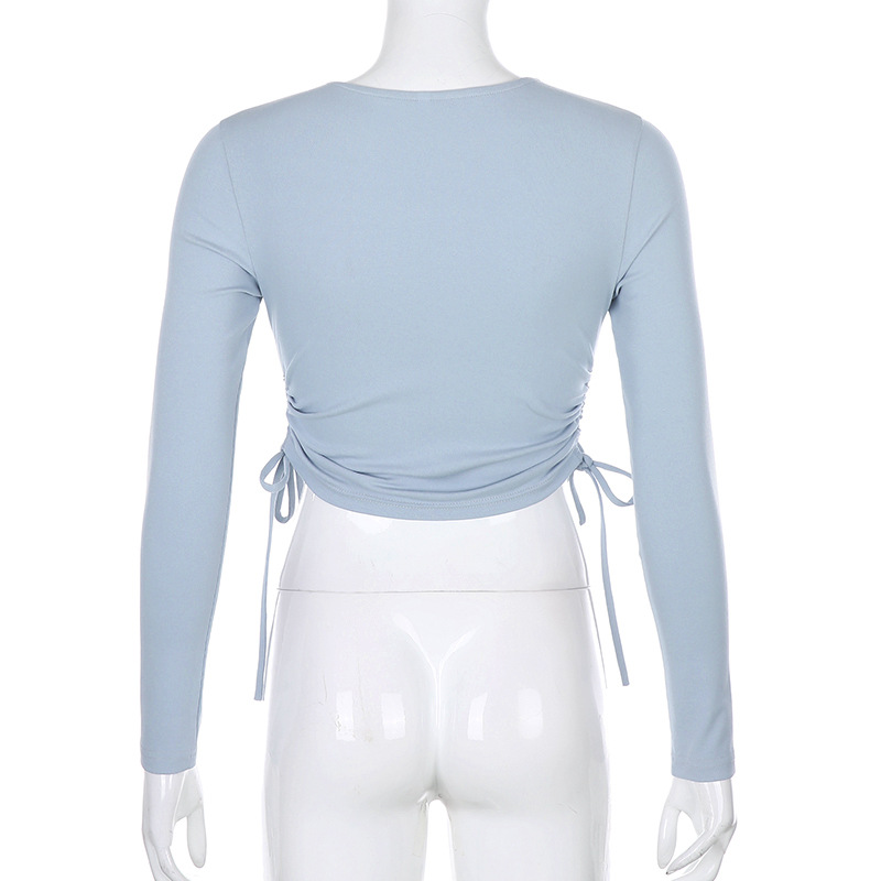 2021 High quality Women's Slim Casual Base T-Shirt Solid Color Long Sleeve O-Neck Side Drawstring Knitted Rib Crop Top