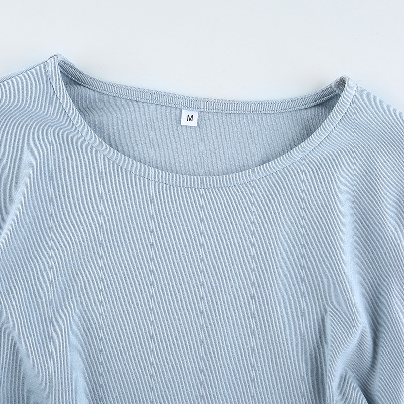 2021 High quality Women's Slim Casual Base T-Shirt Solid Color Long Sleeve O-Neck Side Drawstring Knitted Rib Crop Top