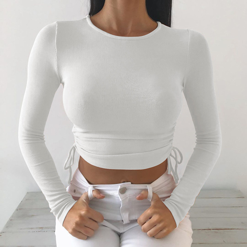2021 High quality Women's Slim Casual Base T-Shirt Solid Color Long Sleeve O-Neck Side Drawstring Knitted Rib Crop Top