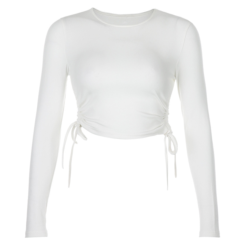 2021 High quality Women's Slim Casual Base T-Shirt Solid Color Long Sleeve O-Neck Side Drawstring Knitted Rib Crop Top