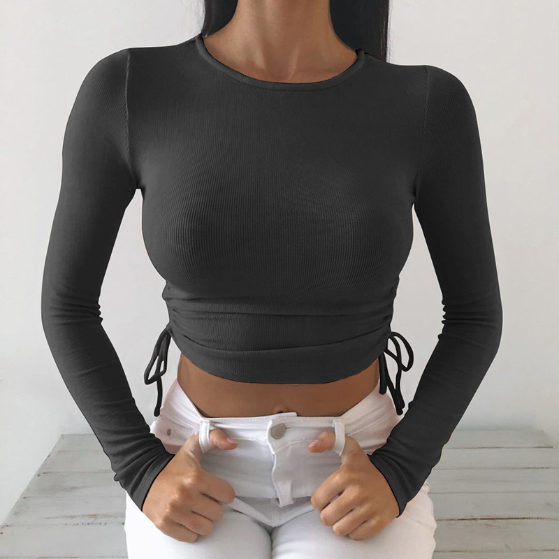 2021 High quality Women's Slim Casual Base T-Shirt Solid Color Long Sleeve O-Neck Side Drawstring Knitted Rib Crop Top