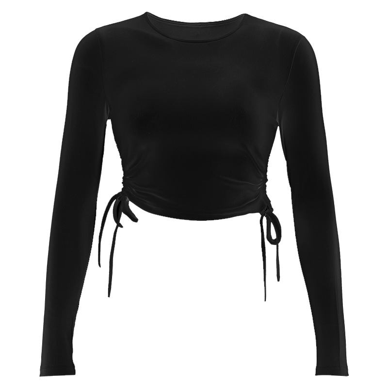 2021 High quality Women's Slim Casual Base T-Shirt Solid Color Long Sleeve O-Neck Side Drawstring Knitted Rib Crop Top