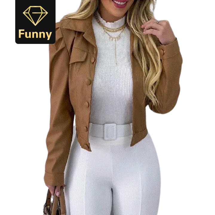 Women Autumn PU Coat Fashion Casual Turn-down Collar Puff Sleeve Single Breasted Short Jacket Coat