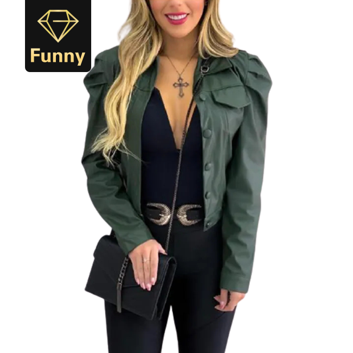 Women Autumn PU Coat Fashion Casual Turn-down Collar Puff Sleeve Single Breasted Short Jacket Coat