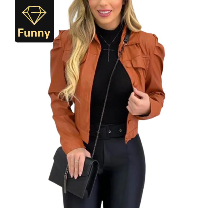 Women Autumn PU Coat Fashion Casual Turn-down Collar Puff Sleeve Single Breasted Short Jacket Coat