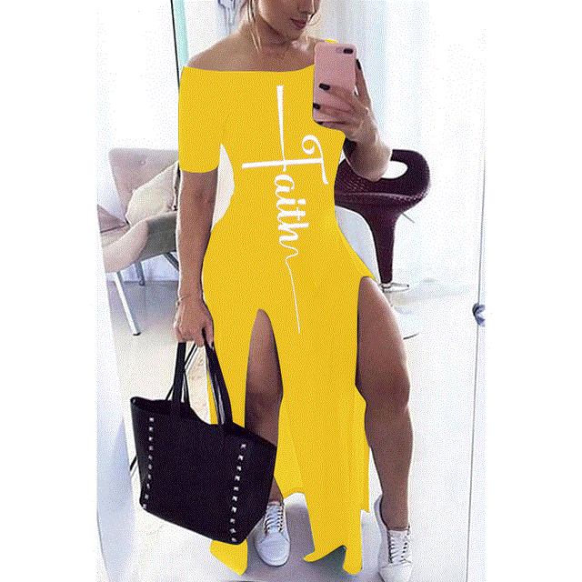 Letter Pattern Off Shoulder Split Maxi Dress Women Fall Winter Short Sleeve Sheath Casual Fashion Sexy Club Long Dresses