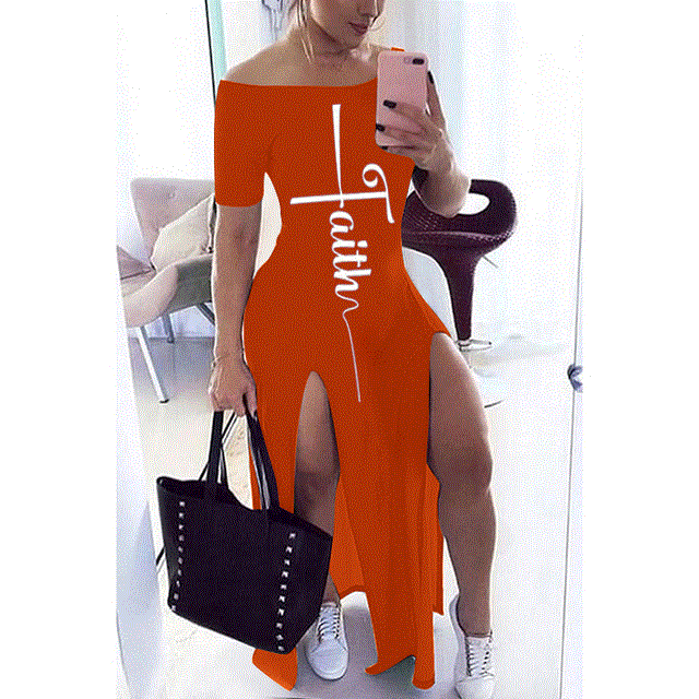 Letter Pattern Off Shoulder Split Maxi Dress Women Fall Winter Short Sleeve Sheath Casual Fashion Sexy Club Long Dresses