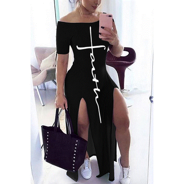 Letter Pattern Off Shoulder Split Maxi Dress Women Fall Winter Short Sleeve Sheath Casual Fashion Sexy Club Long Dresses