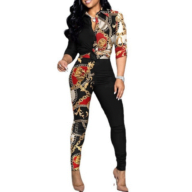 Printed stitching lapel full sleeve Crop Top shirt fall/winter women’s fitness slim long tights jogging pants Two Piece Set
