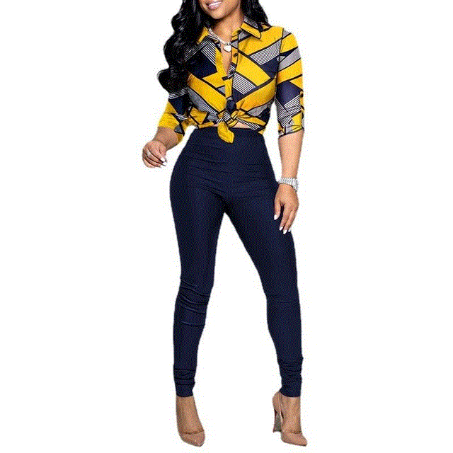 Printed stitching lapel full sleeve Crop Top shirt fall/winter women’s fitness slim long tights jogging pants Two Piece Set