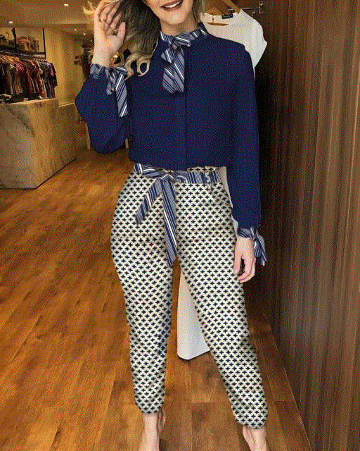 Tied Detail Top &amp; Polka Dot Print Pants Set Casual Women Two Piece Set Outfits Office Workwear